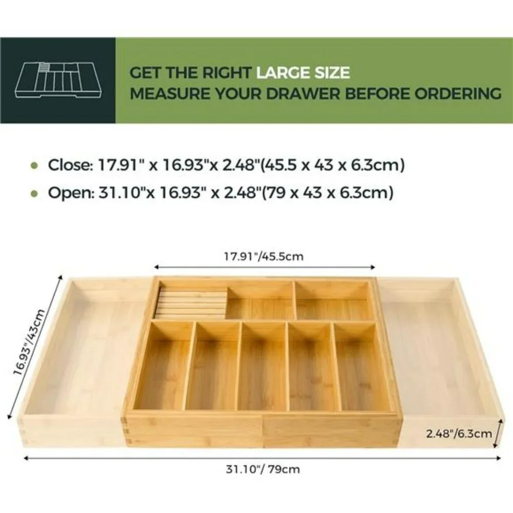 Extra large bamboo silverware drawer organizer expandable utensil cutlery holder
